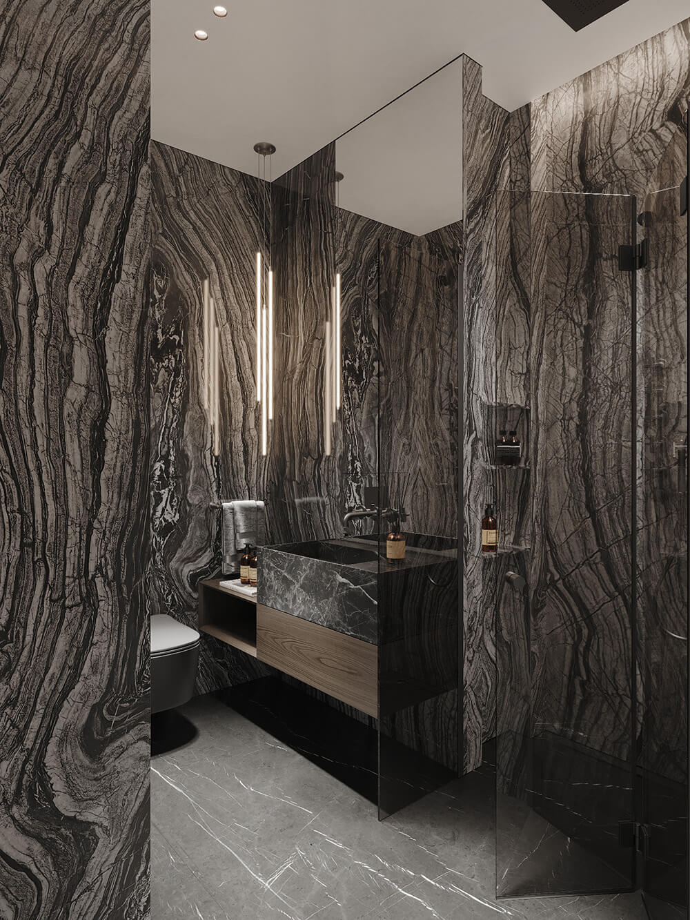 Дизайн ванної кімнати з душовою перегородкою на піддоні для ефективного зонування простору.