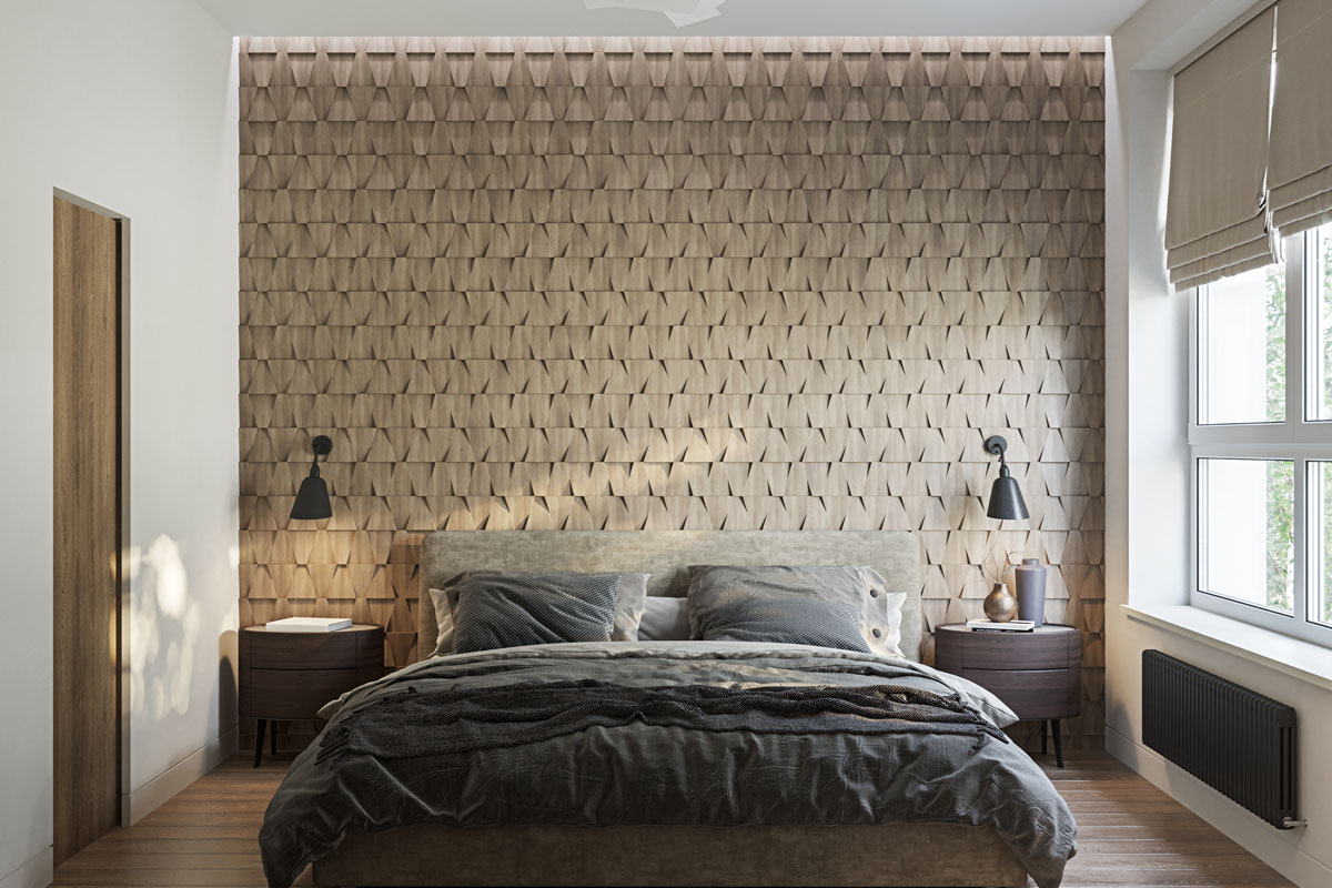 Стильні 3D панелі для стін в сучасному інтер'єрі вітальні, що створюють об'ємний ефект.