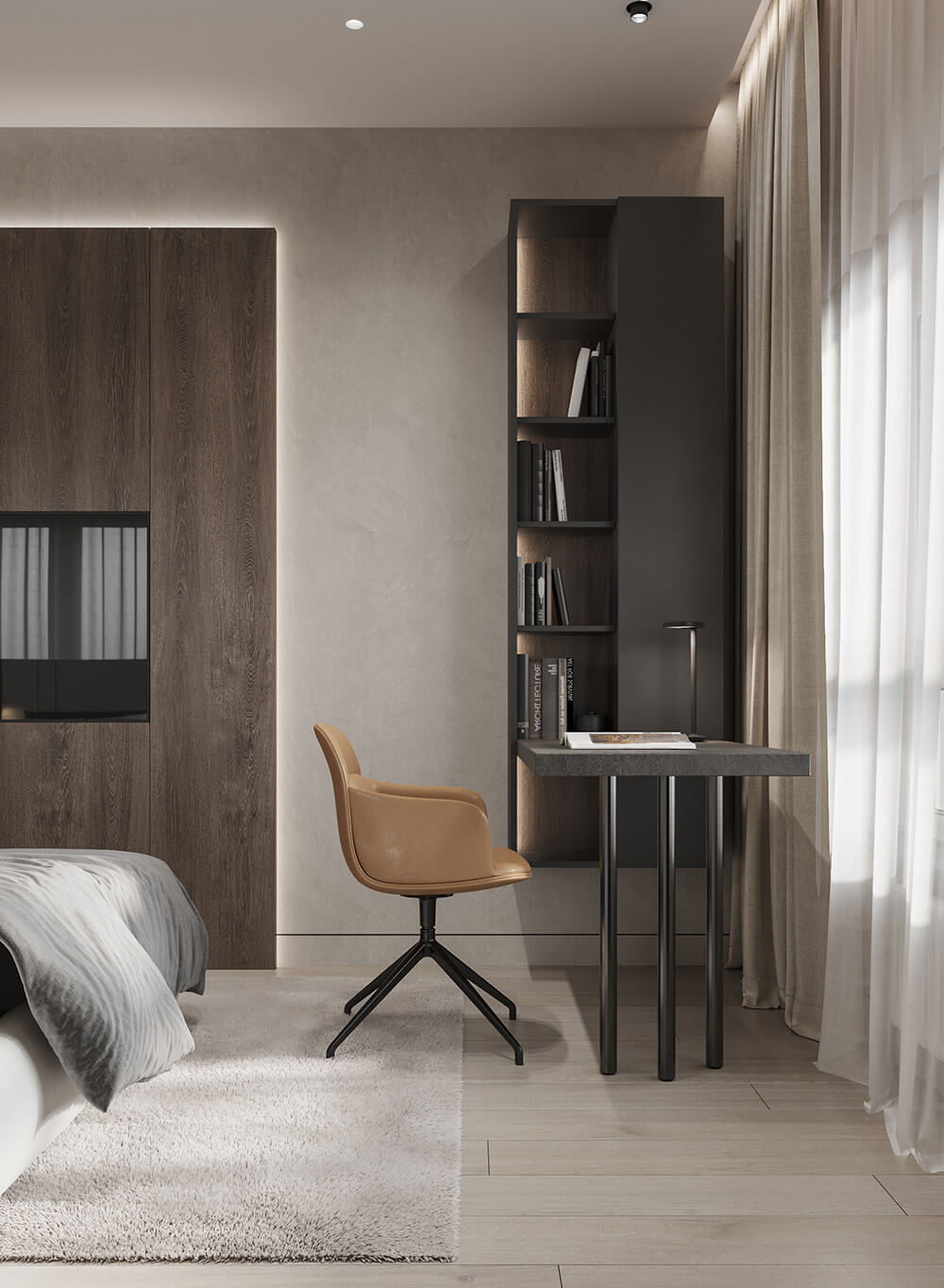 Стильна робоча зона в спальні з елегантною настільною лампою для комфортної роботи ввечері.