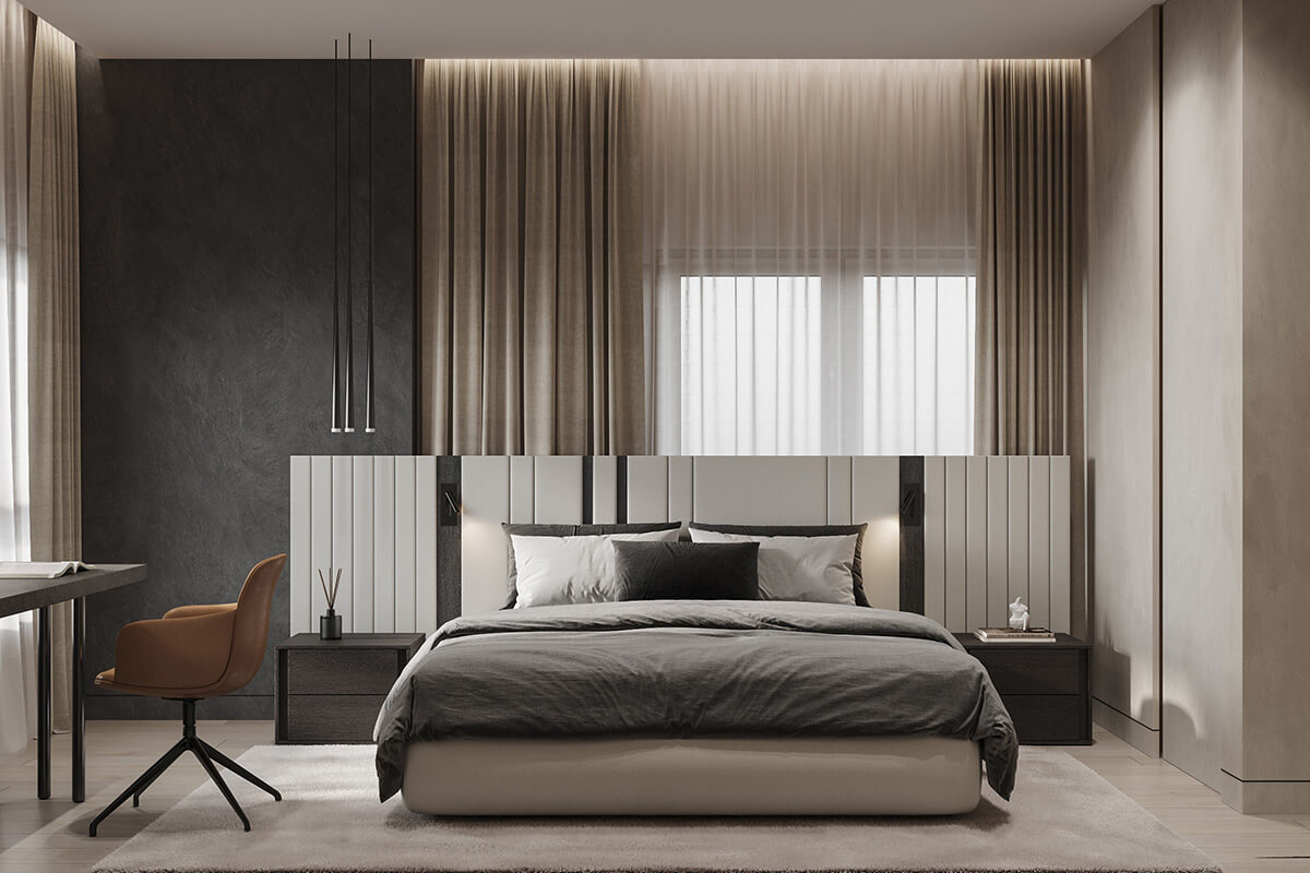 Сучасна робоча зона в спальні з мінімалістичним дизайном та великим вікном для освітлення.