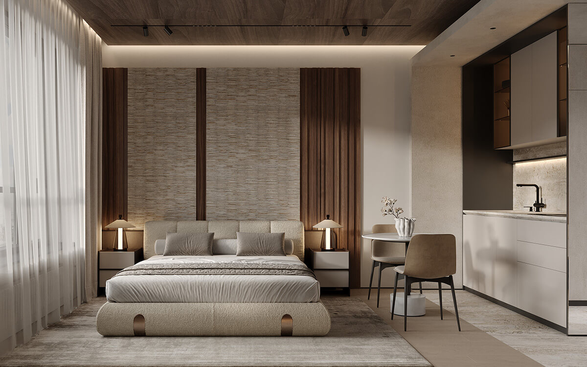 Елегантна робоча зона в спальні з поличками для книг та декоративними елементами.