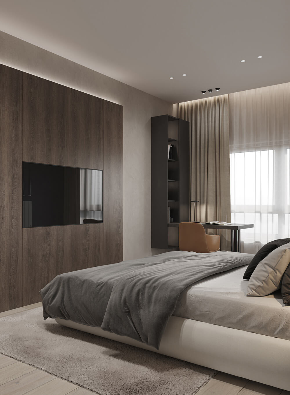 Компактна робоча зона в маленькій спальні, оформлена у світлих тонах для візуального збільшення простору.