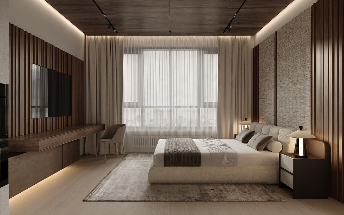 Сучасний дизайн робочої зони в спальні з використанням дерева і металу для стильного вигляду.