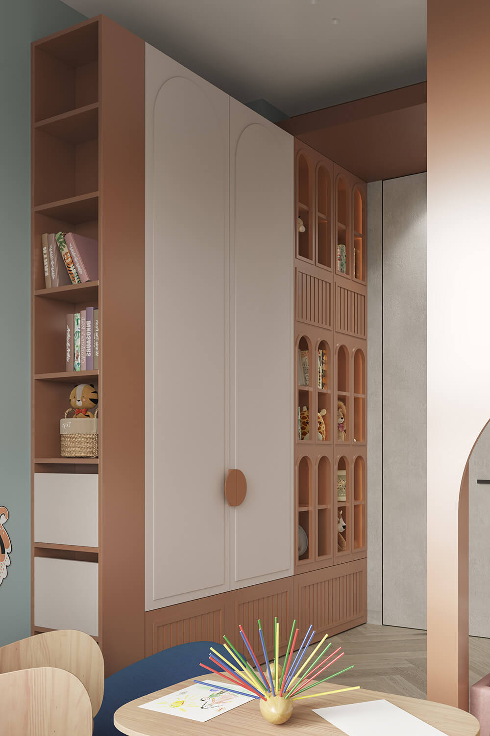 Продумане зберігання іграшок для створення затишного та організованого простору в дитячій кімнаті.