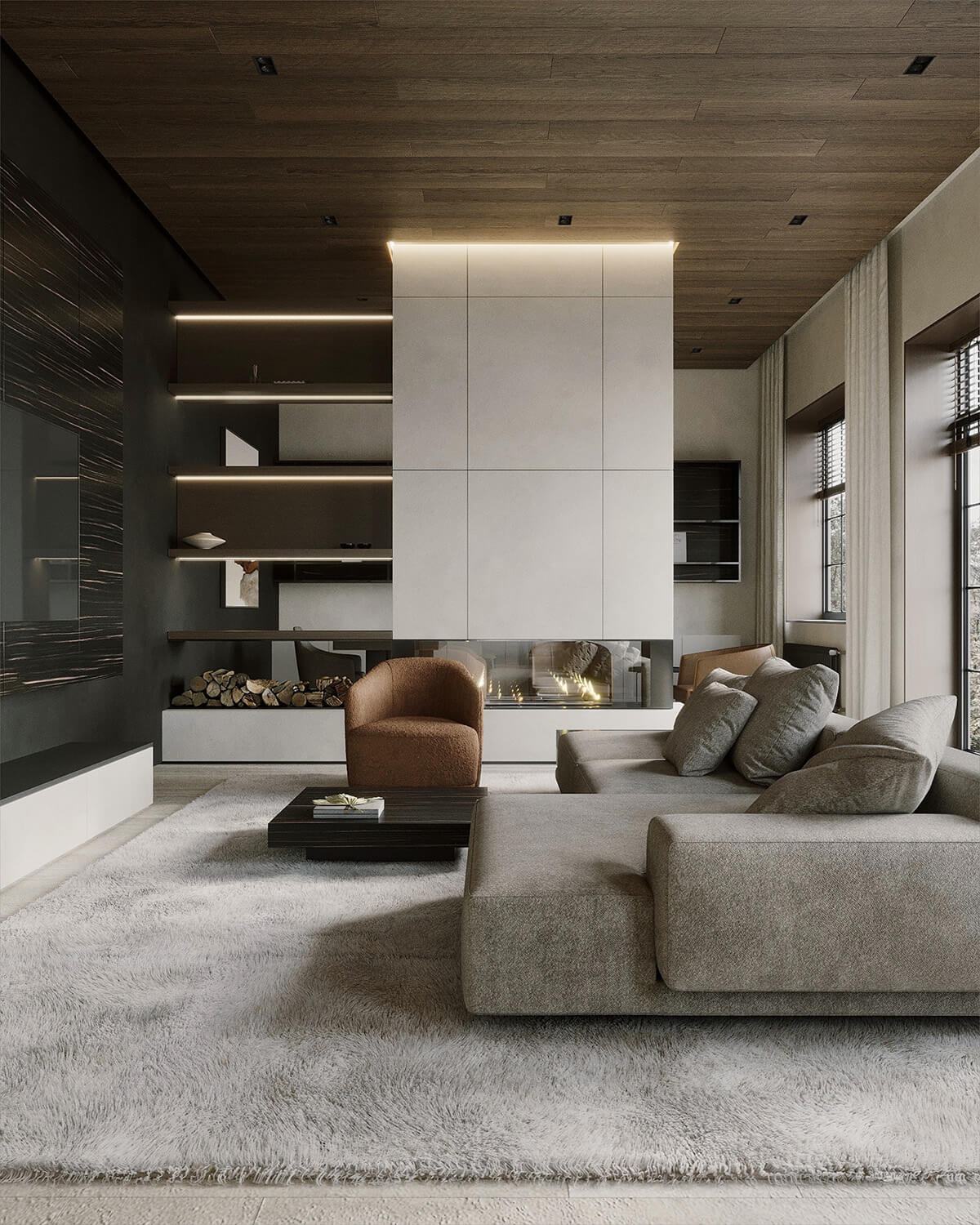 Дизайнерські рішення 2026: різні породи деревини для підлоги та меблів у сучасній вітальні.