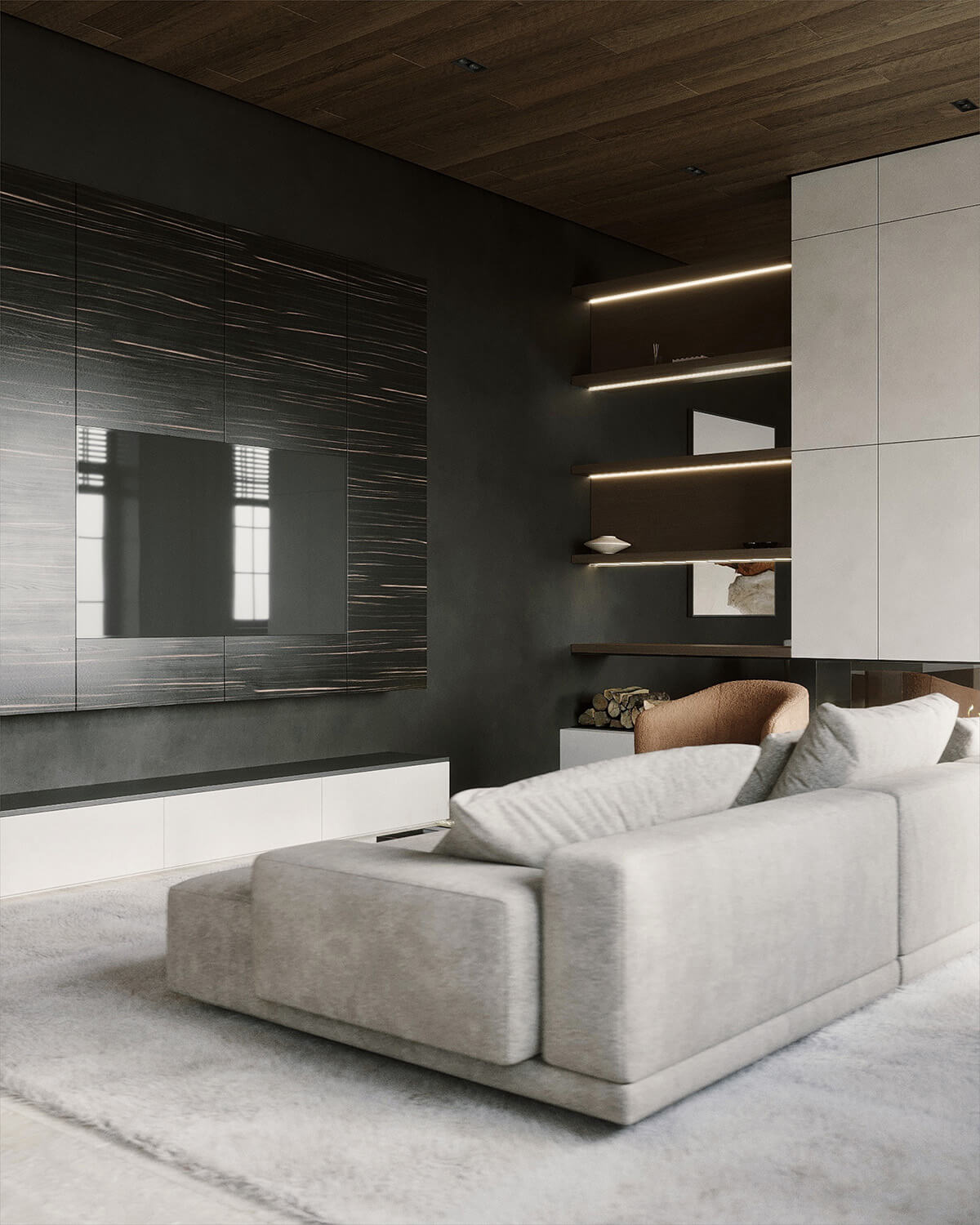 Сучасний інтер'єр з комбінацією різних текстур і відтінків дерева, 2026.