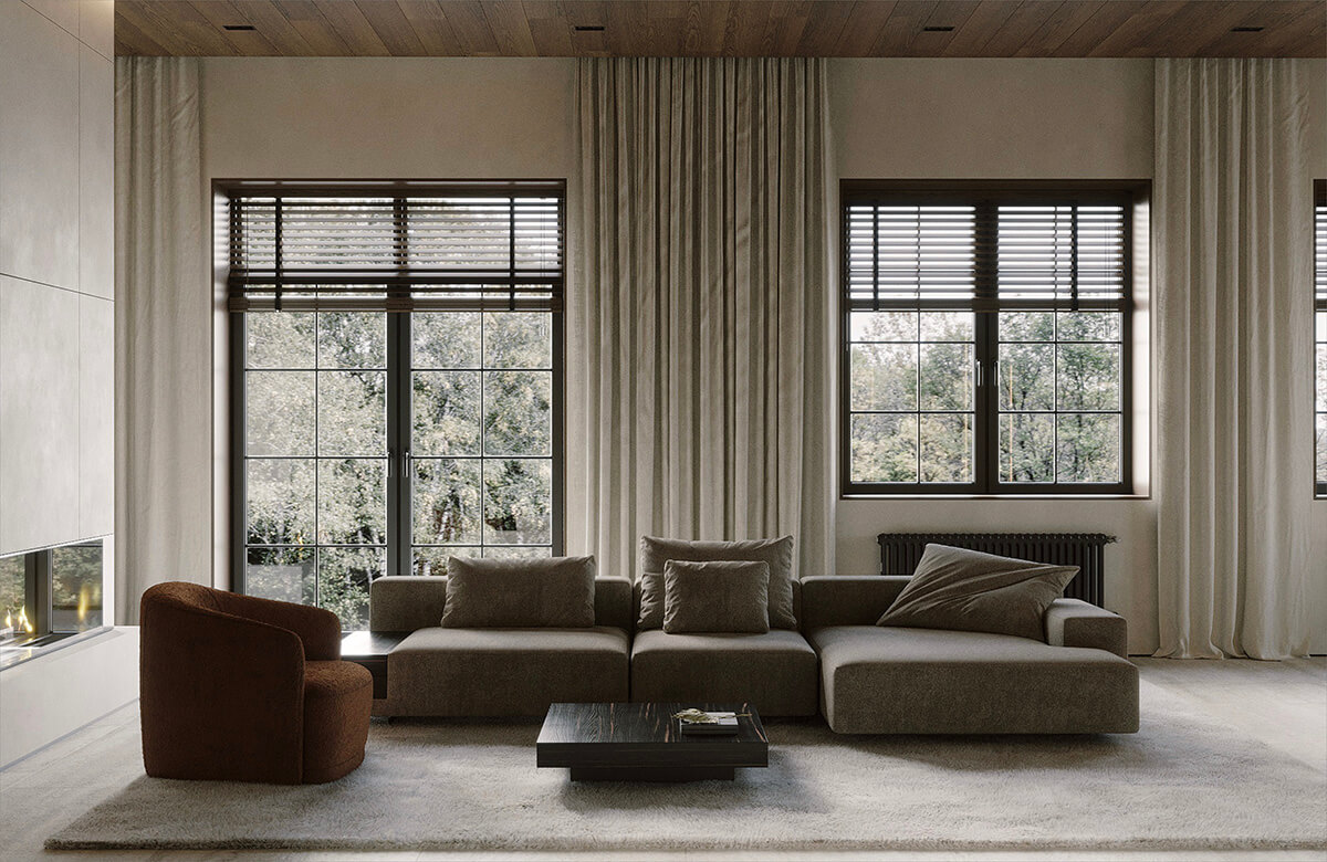 Інтер'єр з акцентом на поєднання різних відтінків дерева в оздобленні стін, 2026.