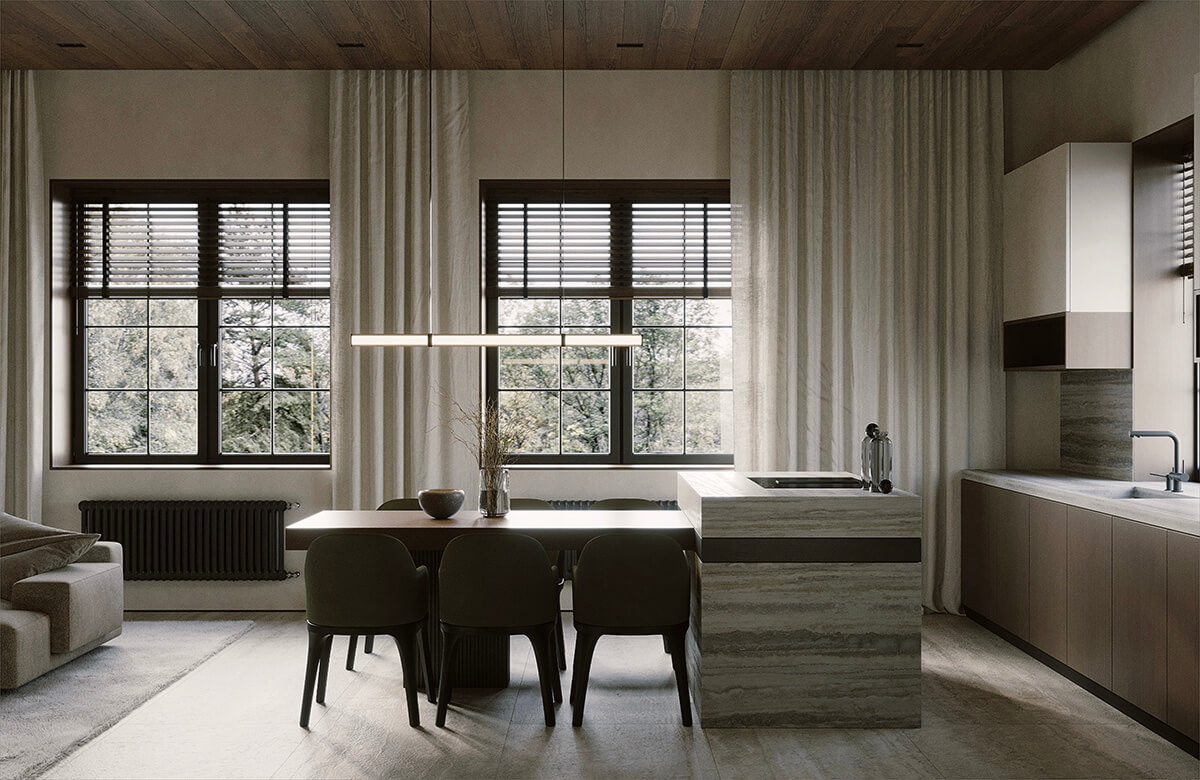 Креативний дизайн кухні 2026: поєднання різних відтінків дерева на стільниці, шафах, полицях.