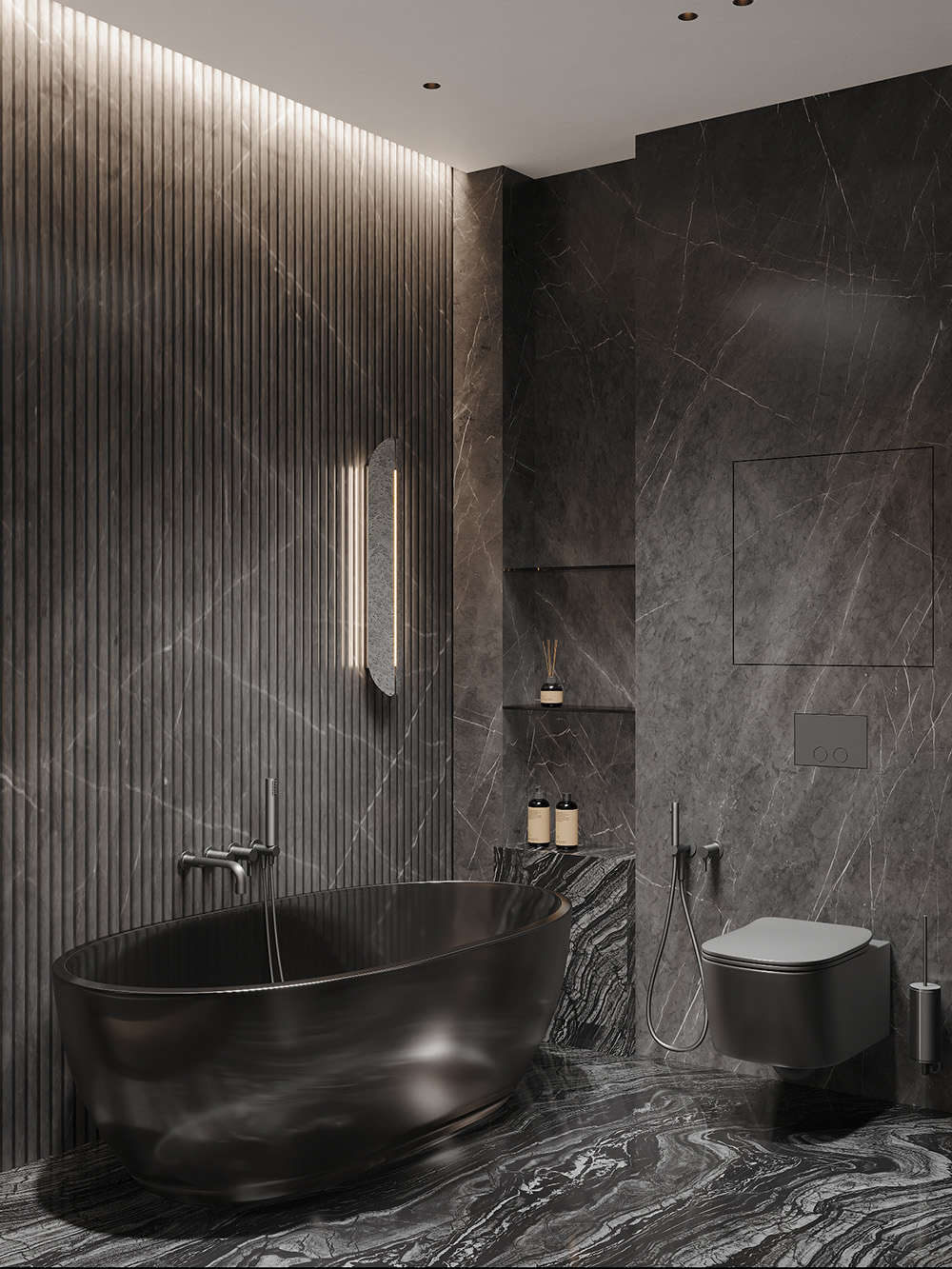 Ванна кімната з мармуровою підлогою та стінами, оздоблена натуральним каменем для розкоші.