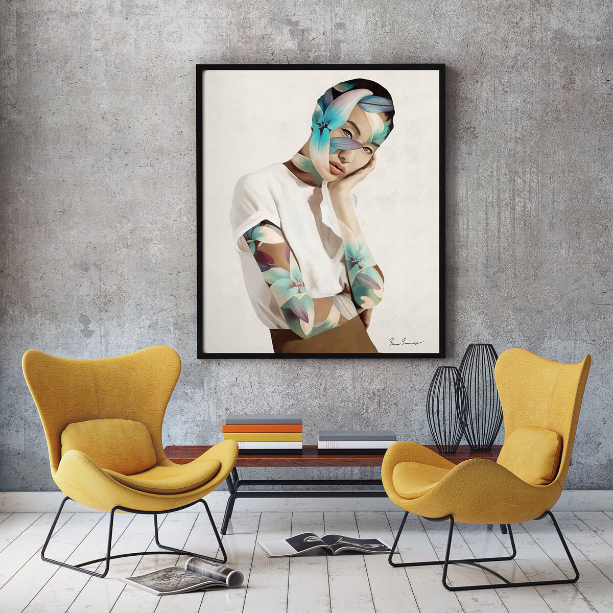 Сучасний постер з графічним принтом в спальні над ліжком.