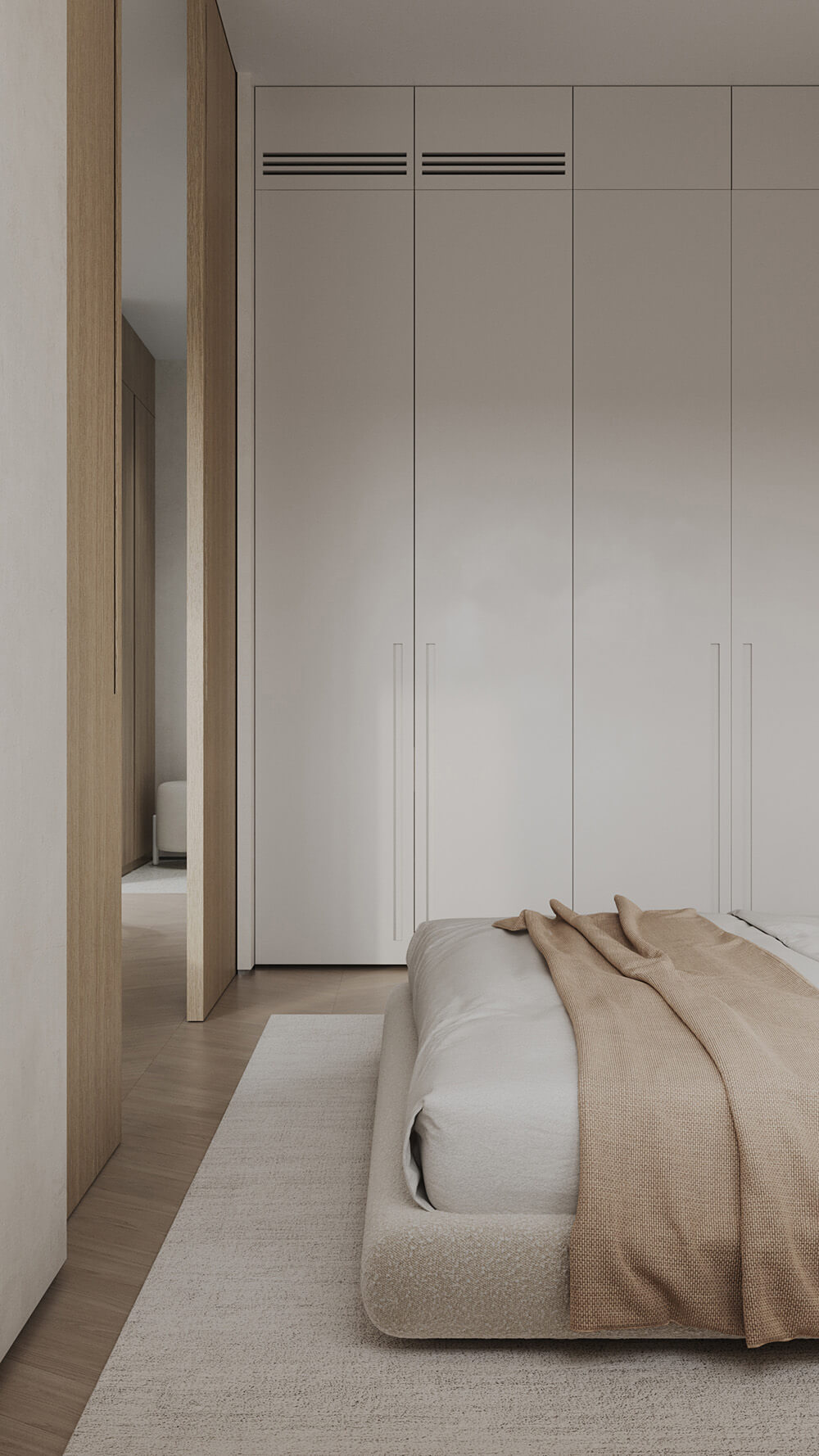 Сучасний кремовий офіс з мінімалістичними меблями та великим вікном. Продуктивна робота.