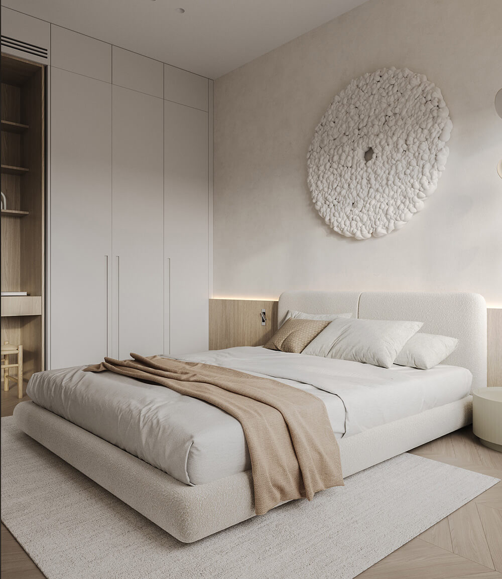 Кремова їдальня з дерев'яним столом, стільцями та великим вікном. Візуальне розширення простору.