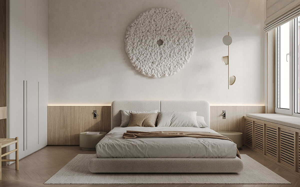Затишна кремова спальня: нейтральні відтінки сприяють спокійному та розслабленому відпочинку.