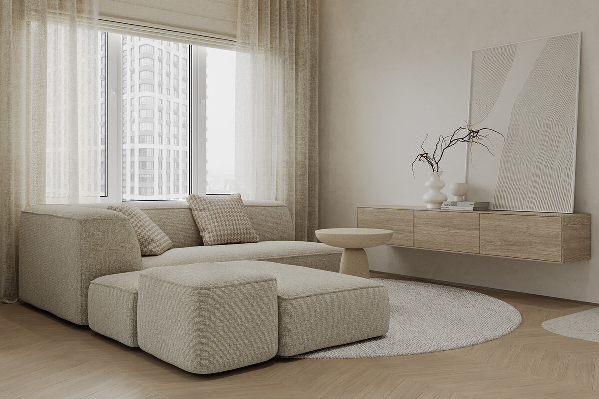 Затишна кремова вітальня з диваном, дерев'яними елементами та килимом. Кремовий колір в інтер'єрі.