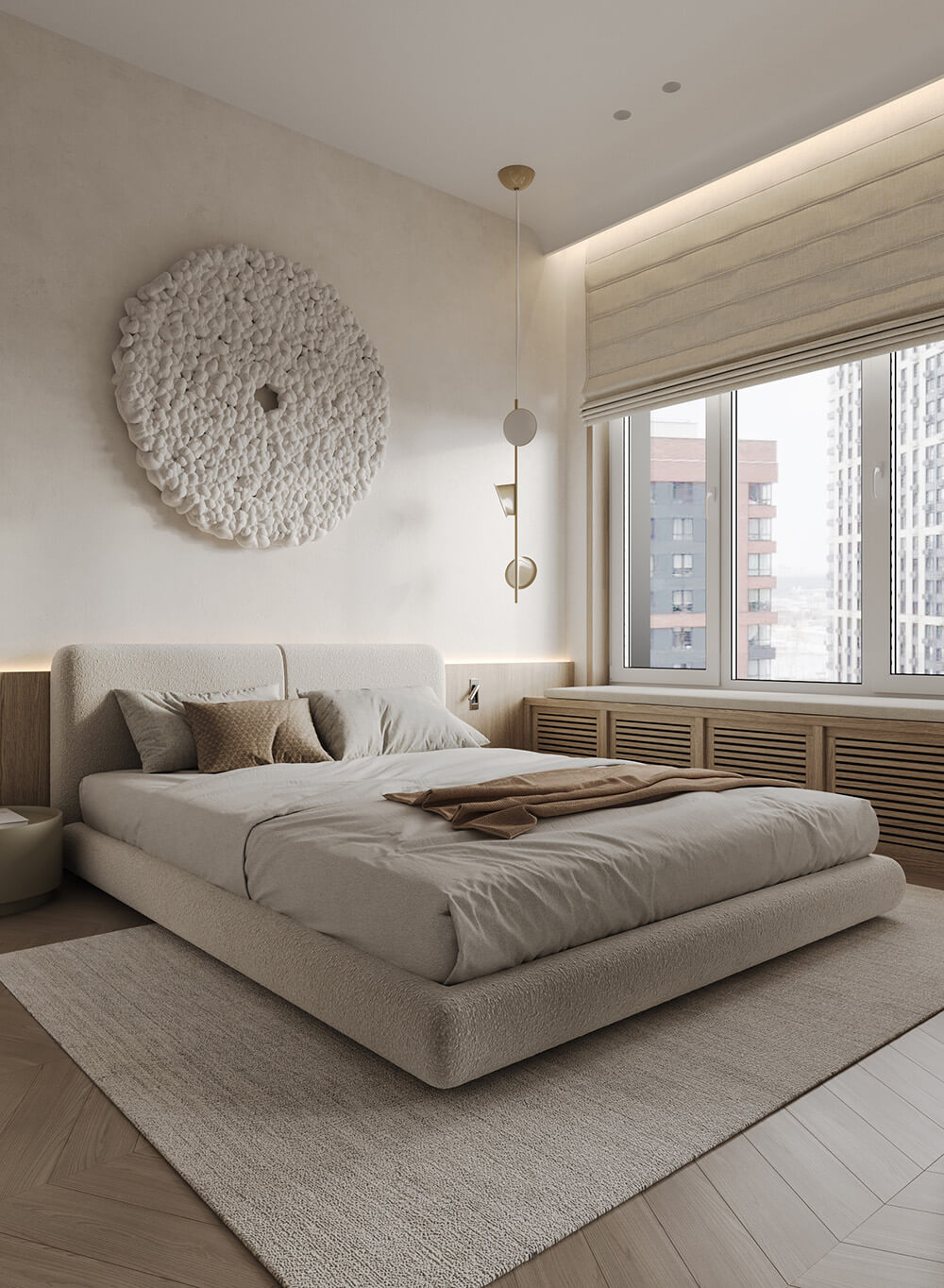 Кремовий інтер'єр з поєднанням різних текстур для унікального та сучасного дизайну кімнати.