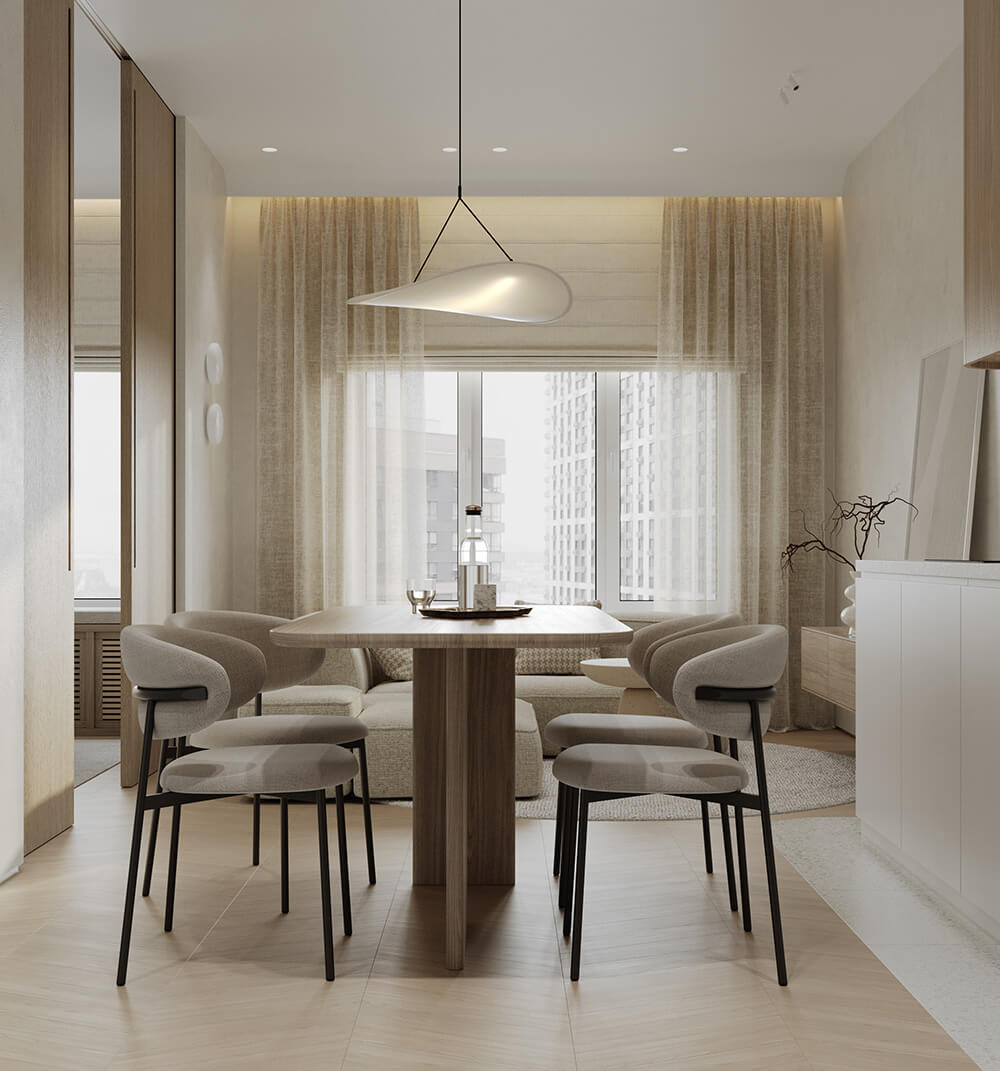 Кремова кухня з дерев'яними шафами та кам'яною стільницею. Затишний інтер'єр в деталях.