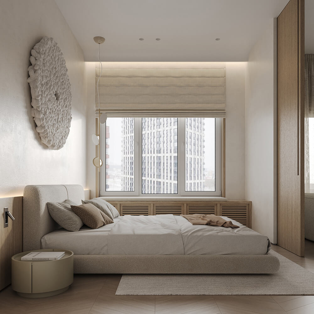 Елегантна кремова вітальня: камін, картини, подушки. Дизайн інтер'єру з кремовим кольором.