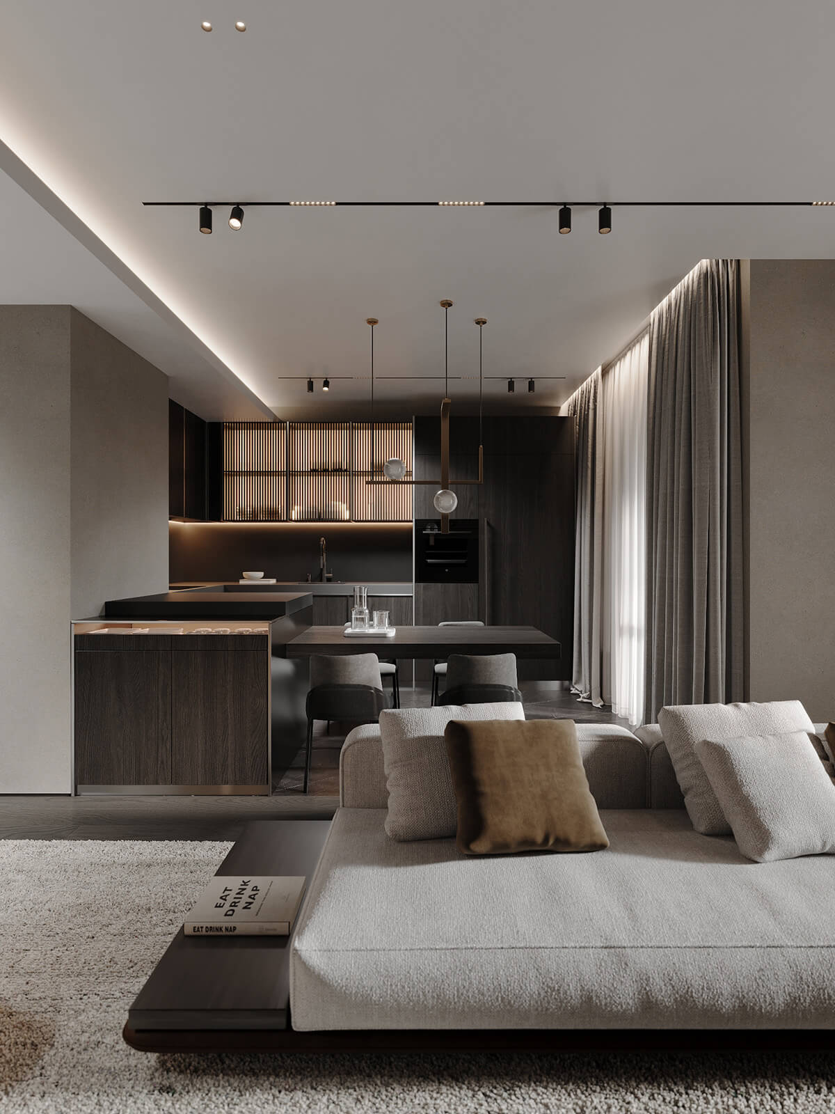 Мінімалюкс: Панорамний стиль Мінімалюкс 2026: вітальня з дизайнерськими меблями та панорамним видом з вікна.