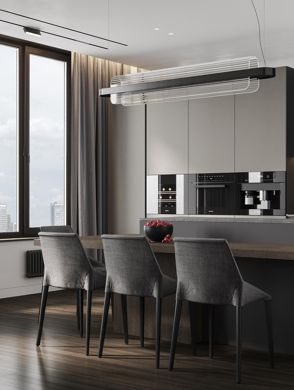 Сучасний чоловічий інтер'єр: темні тони, акцентне освітлення у вітальні зоні.