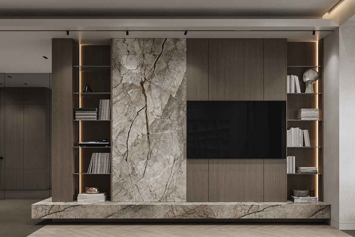 Елегантна ніша в стіні з підсвічуванням для декору сучасного інтер'єру вітальні.