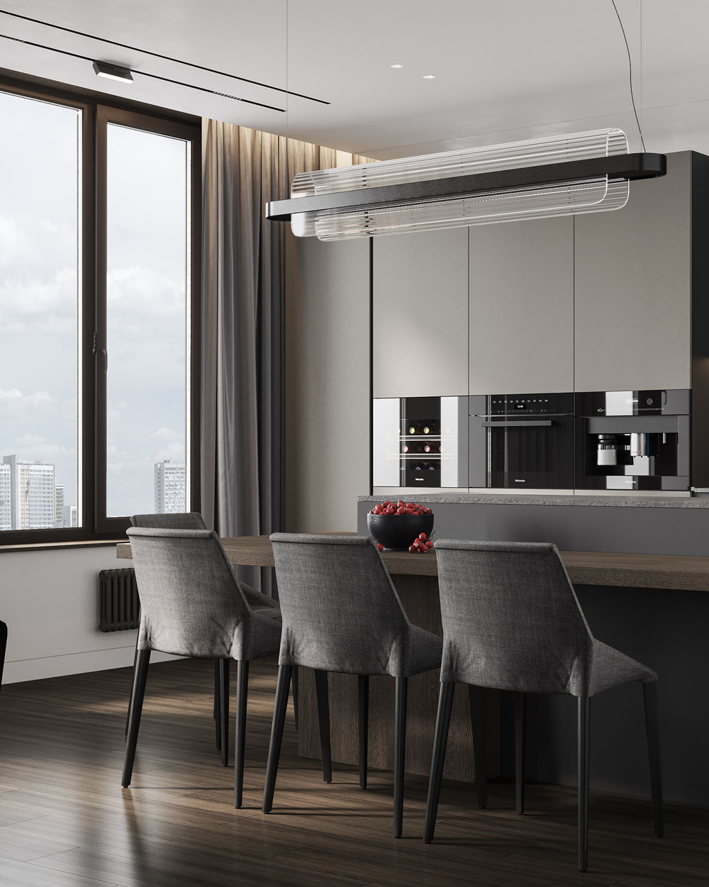 Сучасна вітальня в стилі мінімалізм 2026 з диваном, журнальним столиком та килимом.