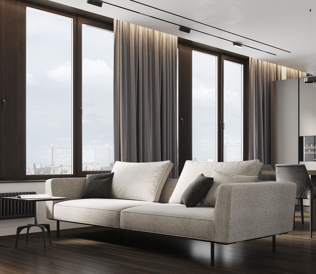 Мінімалістична вітальня 2026 з великим вікном, що забезпечує багато природного світла.