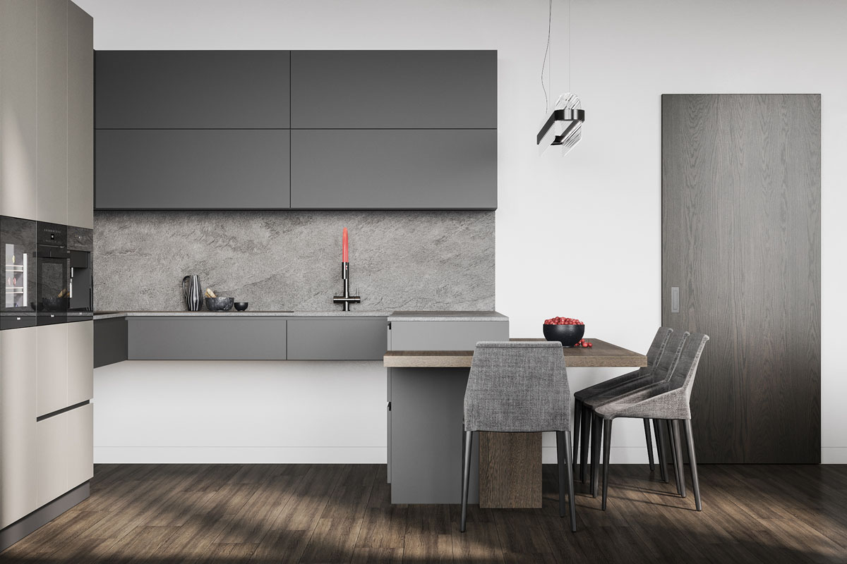 Інтер'єр вітальні в стилі мінімалізм 2026 з сірим, білим та дерев'яними елементами.