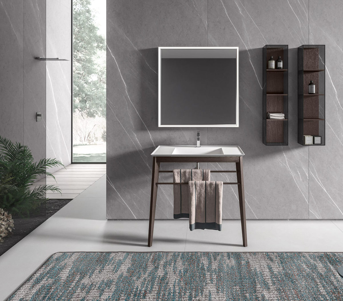 Сучасна ванна кімната в сірих тонах з використанням натуральних матеріалів для затишку.