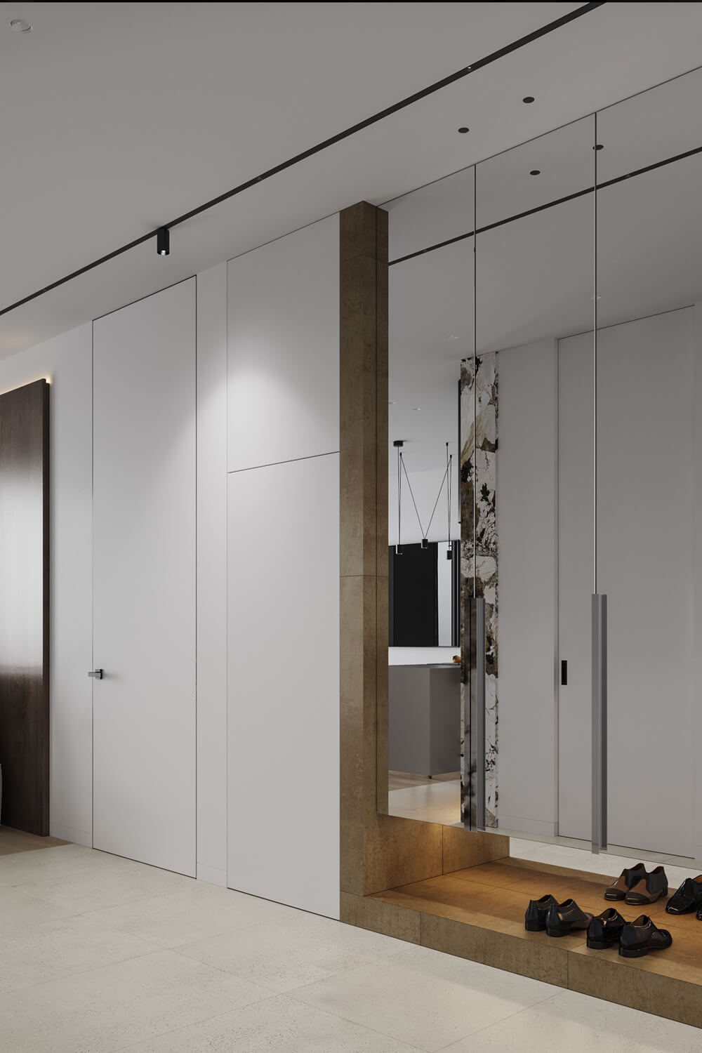 Сучасна кухня-вітальня 2026 в сірому кольорі з дерев'яним зонуванням у стилі лофт.