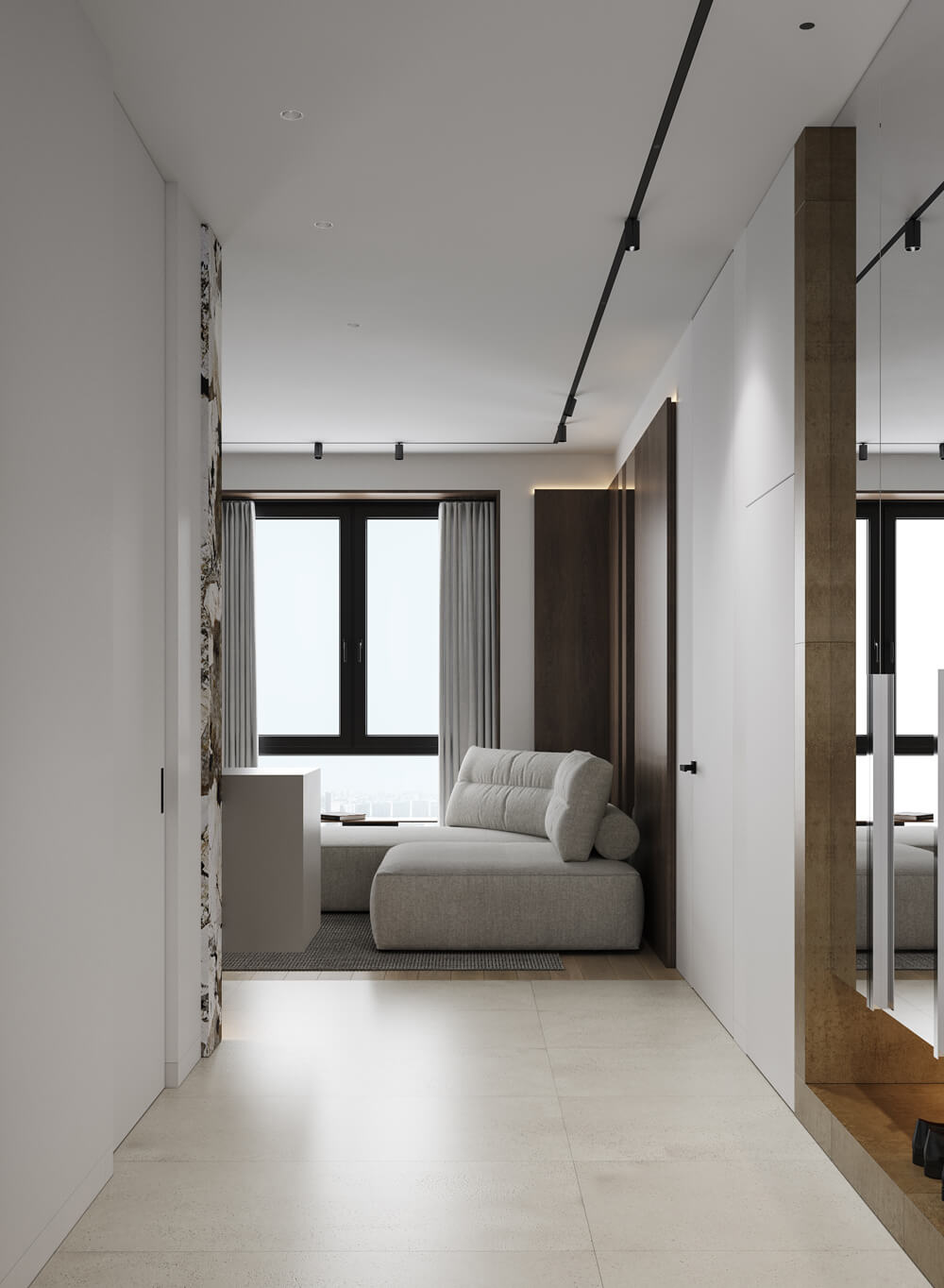 Стильний інтер'єр кухні-вітальні в сірих тонах з декором 2026.