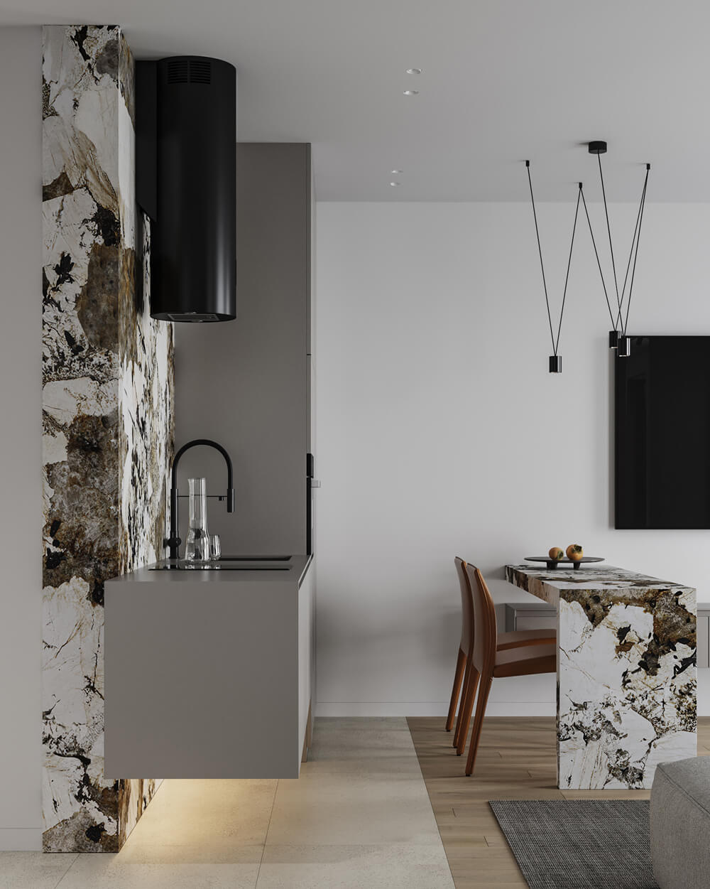 Простора кухня-вітальня в сірих кольорах з зонуванням та освітленням 2026.