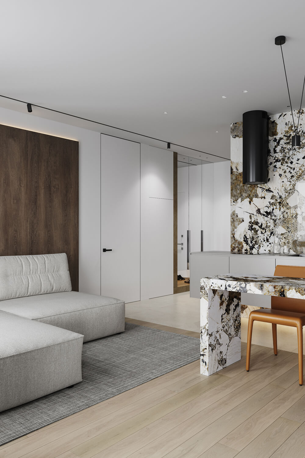 Елегантна кухня-вітальня 2026 в сірому кольорі з яскравими кольоровими акцентами в дизайні.