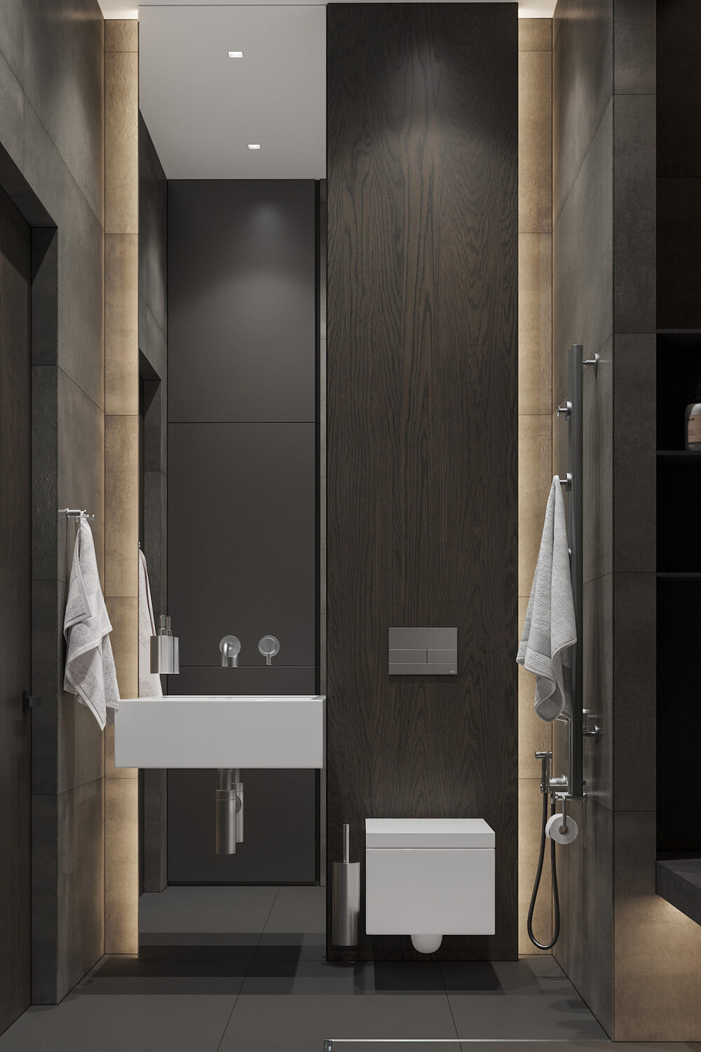 Коричневий коридор 2026 з дерев'яною підлогою та коричневими дверцятами.