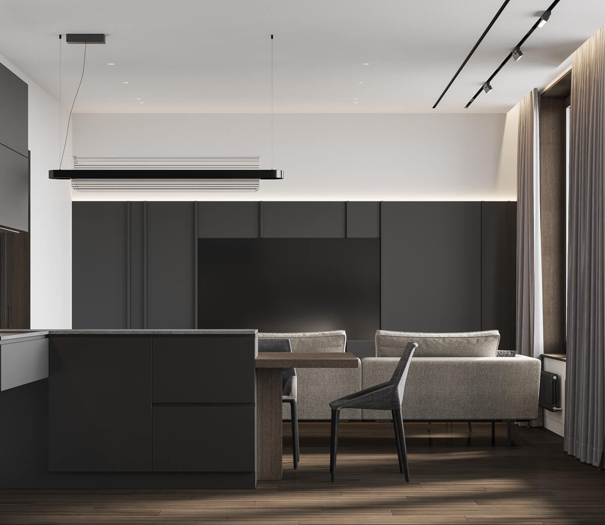 Вітальня з коричневим диваном та килимом у східному стилі, дизайн інтер'єру 2026.