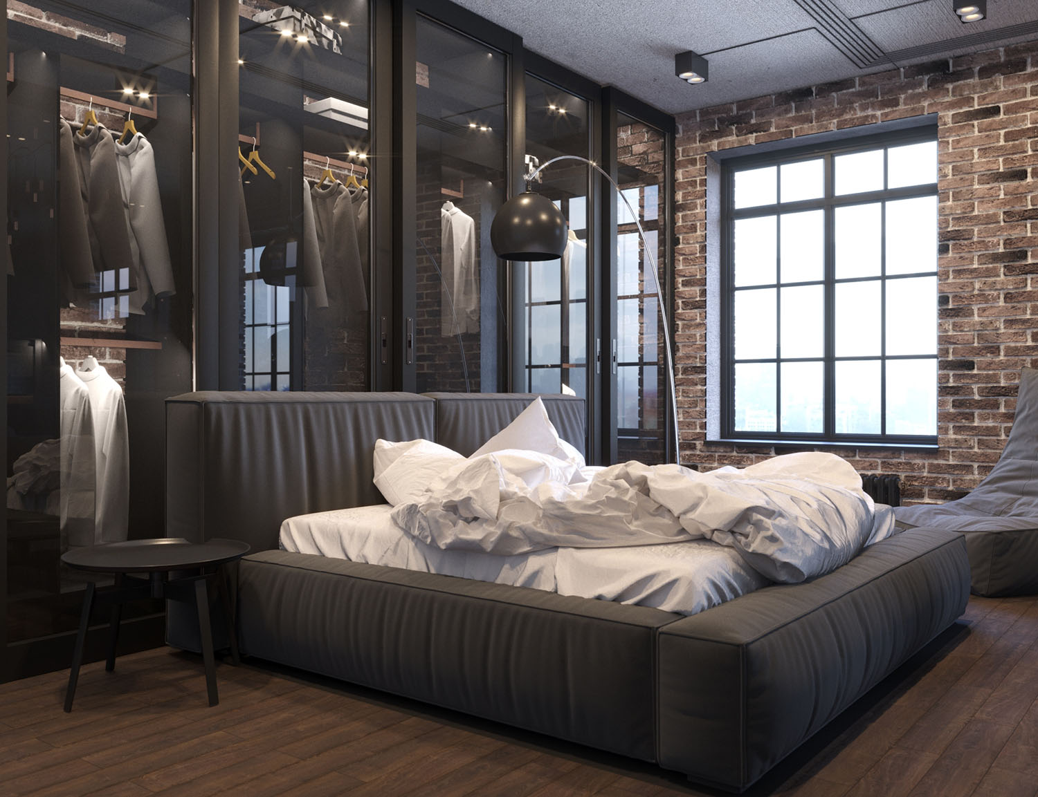 Елементи декору в спальні в стилі лофт 2026: подушки, текстиль та металеві акценти.