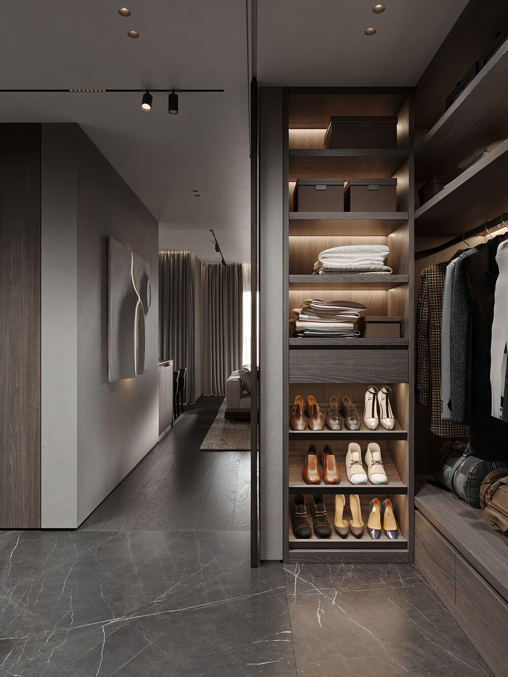 Універсальне рішення Відкрита система зберігання: комбінація полиць та висувних ящиків для різного використання.