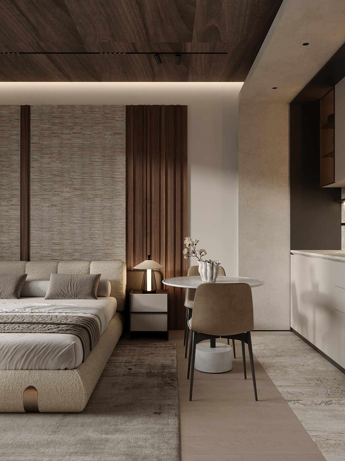 Меблі з мореного дуба: стіл та стільці у вітальні в сучасному стилі.