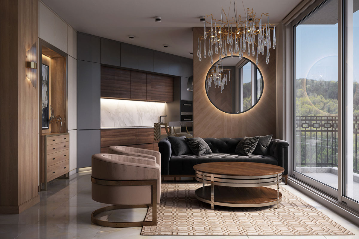 Інтер'єр квартири з панорамними вікнами, багато природного світла і стильний дизайн.