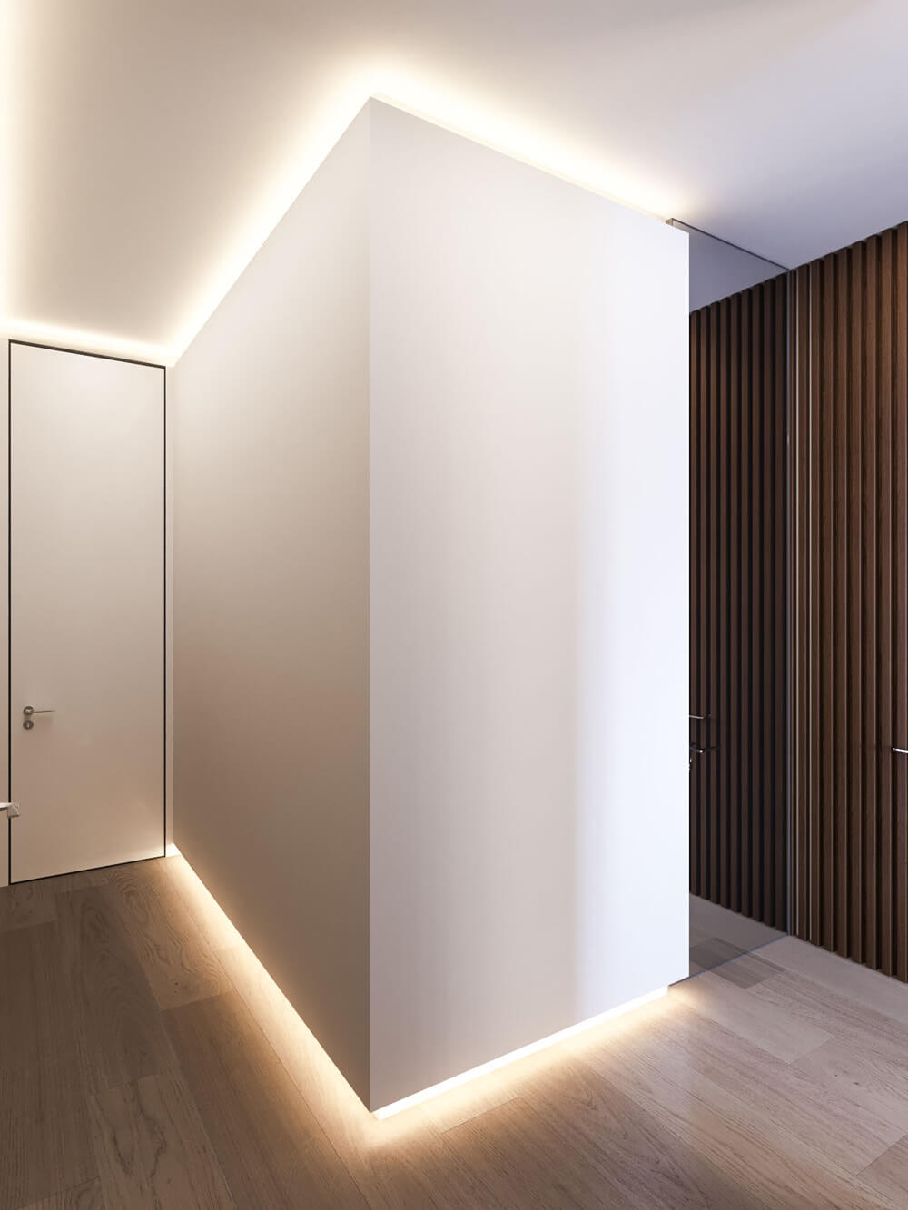 Елегантні парящі стіни з LED підсвіткою: сучасний дизайн та освітлення інтер'єру квартири.