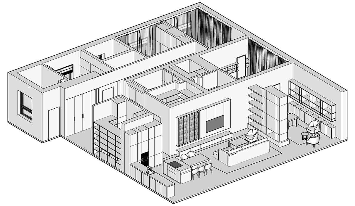 Велика кухня-вітальня з барною стійкою після перепланування в новобудові 2026 року.