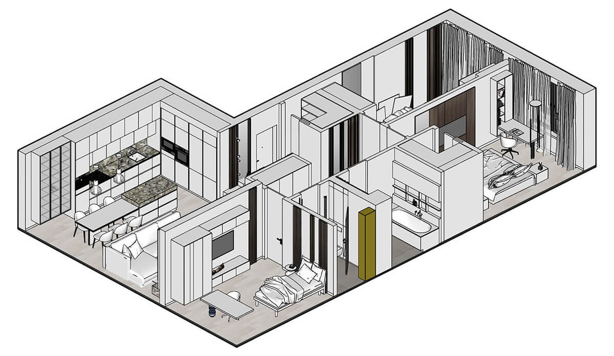 Проект перепланування квартири в новобудові з новими комунікаціями та зручним розташуванням меблів 2026.