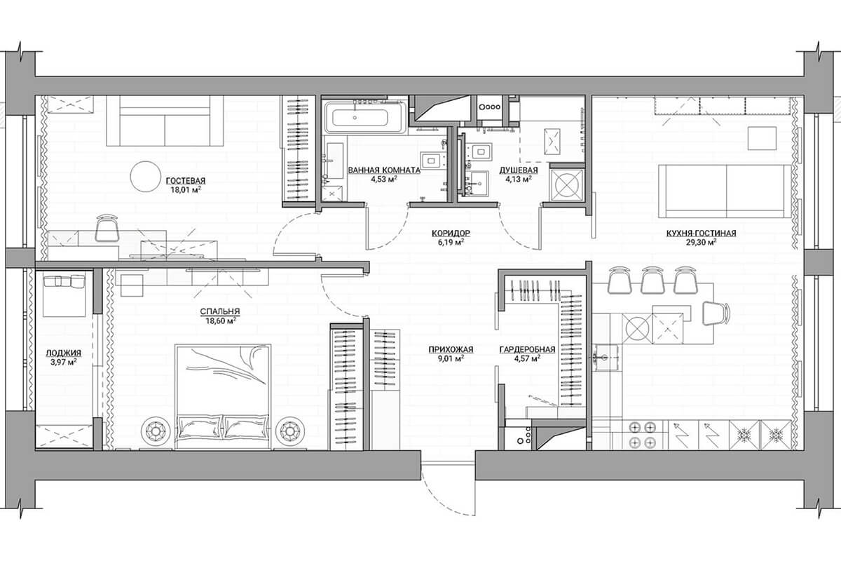 Сучасний дизайн перепланованої квартири в новобудові: функціональний простір для життя.