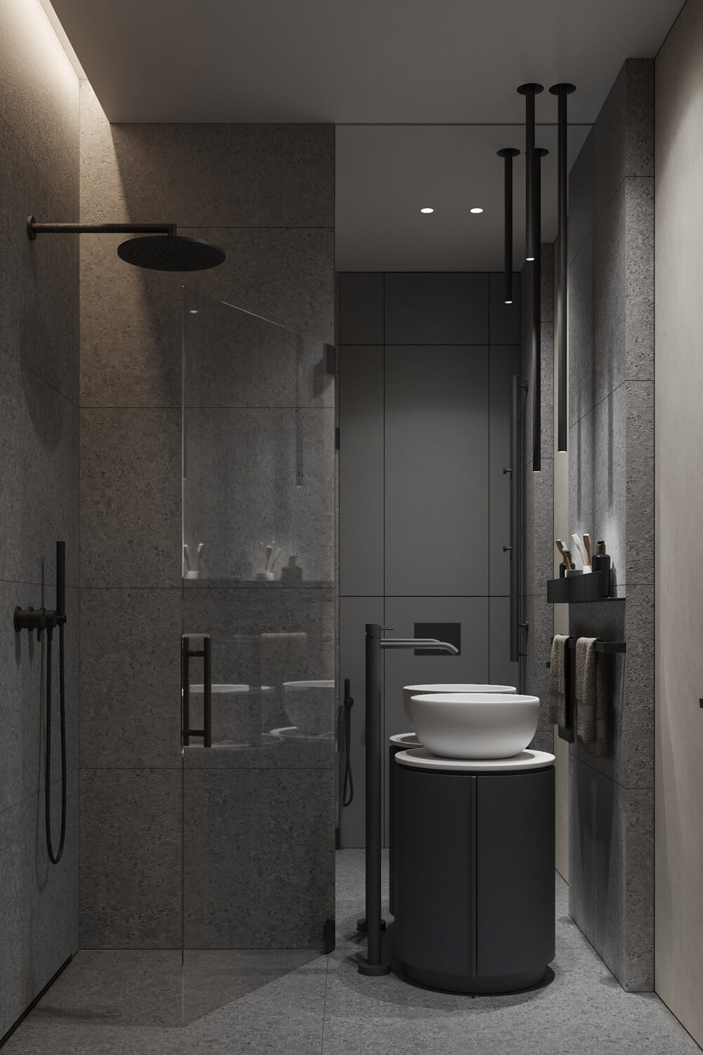 Варіант розміщення полиць у невеликій ванній кімнаті для оптимізації простору.