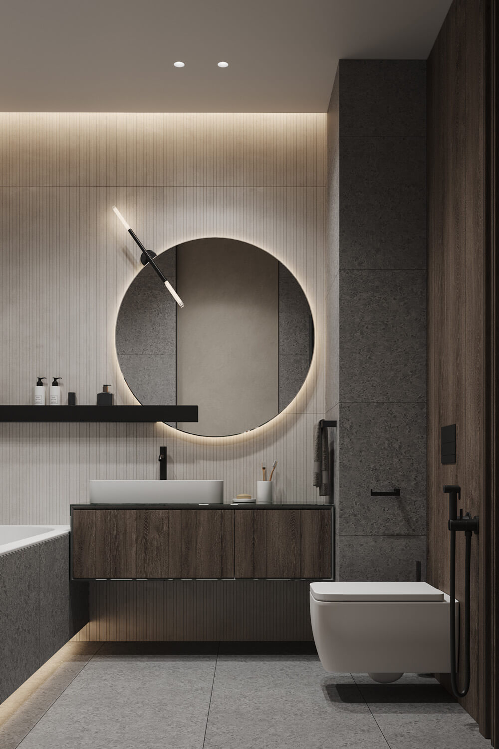 Ідея для ванної кімнати з полицями над унітазом для зберігання.