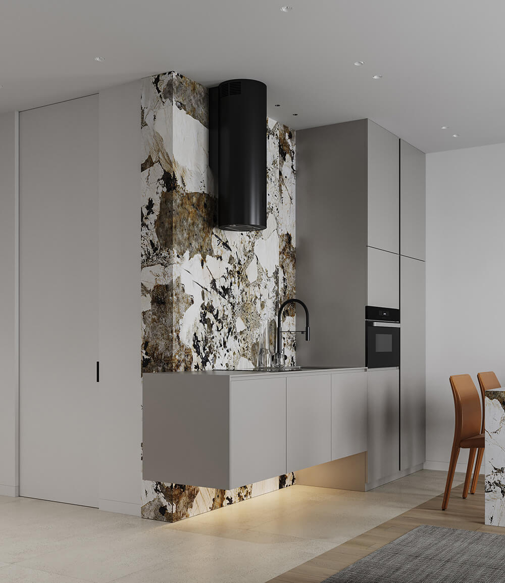 Дизайнерська ванна кімната з підвісною раковиною та дзеркальною шафою. Календар 2026