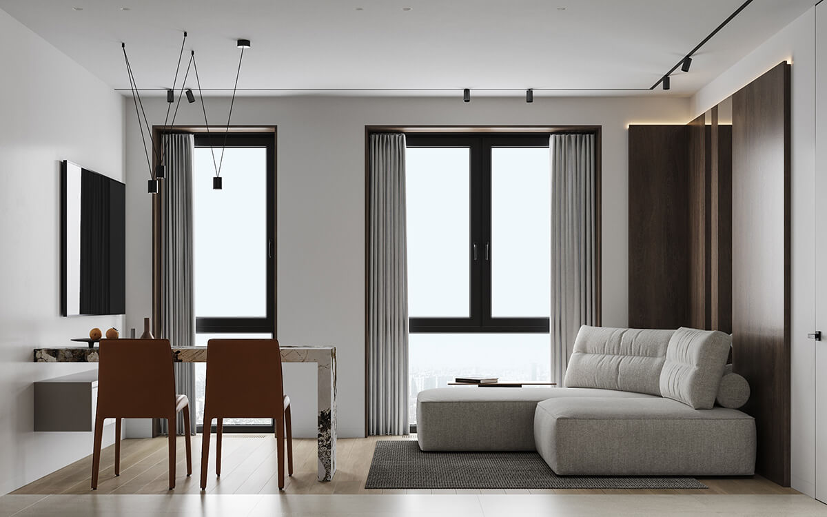 Стильна кухня з білими підвісними шафами та дерев'яною стільницею. 2026 рік