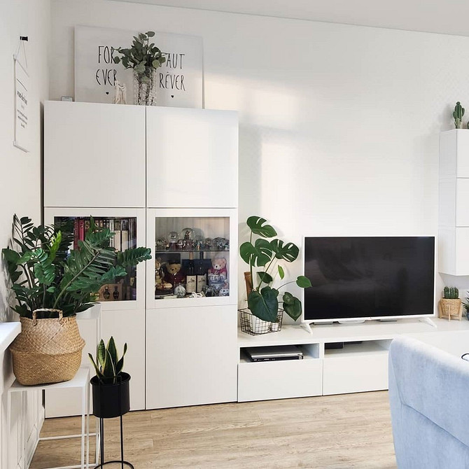 BESTA: скандинавський стиль Комбінація модулів BESTA IKEA у скандинавській вітальні, стелажі захищені від пилу.