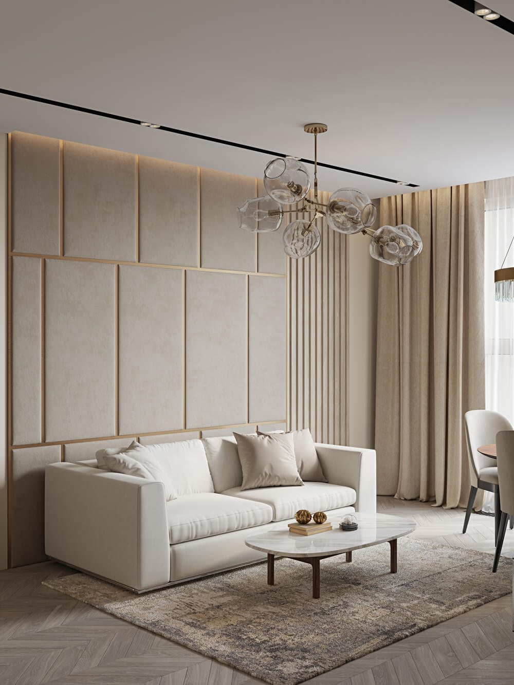 Мінімалістична вітальня 2026: нейтральні кольори, сучасні меблі та зонування простору.