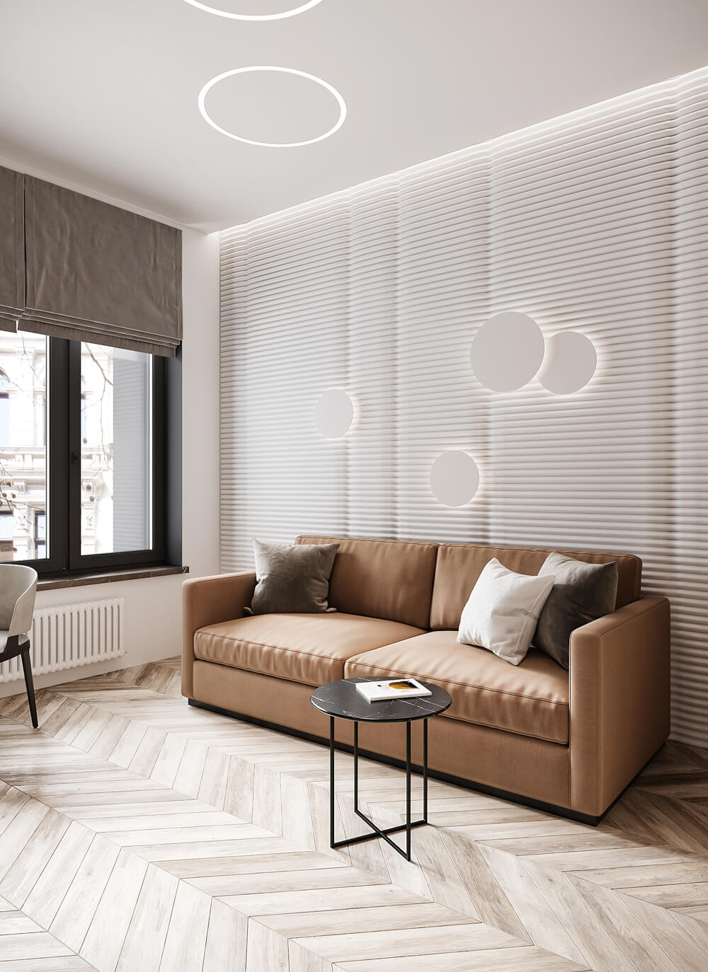 Сучасний інтер'єр 2026: використання геометричних форм та контрастних кольорів в дизайні кімнати.