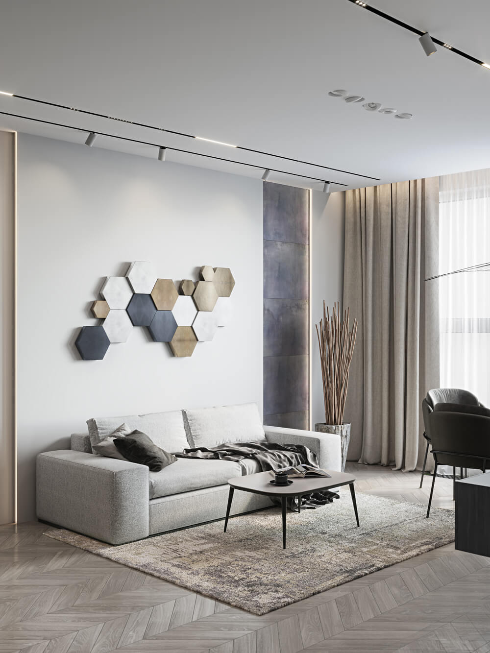 Мінімалістична вітальня 2026: диван, журнальний столик, телевізор на стіні.